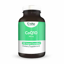 Dark glass bottle with green and white label reading "CoQ10 300mg, 30 Vegan Capsules, Dietary Supplement" by nhc.