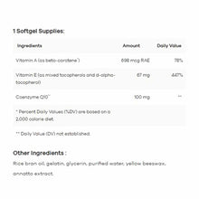 Supplement facts label showing CoQ10 100 mg per softgel with vitamin A and E ingredients and daily value percentages.