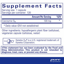 Supplement Facts label for CoQ10 120 mg capsules showing 120 servings per container with Coenzyme Q10 as active ingredient.