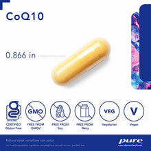 Yellow CoQ10 capsule measuring 0.866 inches with certification badges for gluten-free, non-GMO, soy-free, dairy-free, vegetar