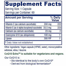 Supplement Facts label for CoQ10 Extra showing serving size of 1 capsule, 60 servings per container, with nutritional informa