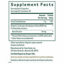 Supplement Facts label for Gaia Herbs Cordyceps mushroom capsules showing 900mg organic cordyceps per serving and 24mg beta g