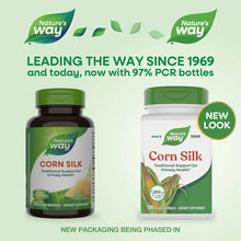 Two Nature's Way Corn Silk supplement bottles with green caps, one dark and one white, labeled for urinary health support.