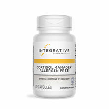White bottle of Integrative Therapeutics Cortisol Manager Allergen Free dietary supplement containing 30 capsules.