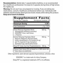 Supplement Facts label showing dosage, ingredients including ashwagandha, magnolia extract, and phosphatidylserine, with usag