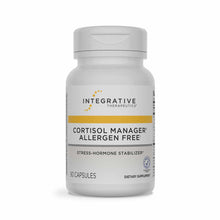 White supplement bottle labeled Cortisol Manager Allergen Free by Integrative Therapeutics, containing 90 capsules.