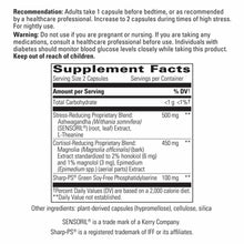 Supplement Facts label for Cortisol Manager showing serving size, ingredients including ashwagandha and magnolia extract, and