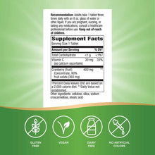 Supplement Facts label for Nature's Way Cranberry Premium Blend tablets showing dosage, ingredients, and certification icons.