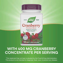 Nature's Way Cranberry Premium Blend bottle with purple cap and label showing 120 tablets on green background.