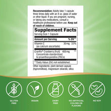 Supplement Facts label showing cranberry capsule dosage of 400mg CranRx concentrate with vitamin C, on green background with