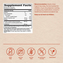 Supplement Facts label for CranRx Gummies showing nutritional information, ingredients, and dietary attribute icons including