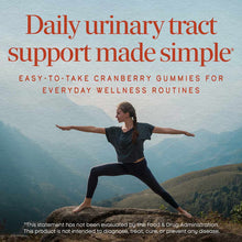 Woman in athletic wear in yoga pose on mountain overlook with text about cranberry gummies for urinary tract support.