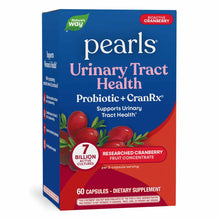 Blue and red box of Pearls Urinary Tract Health Probiotic + CranRx dietary supplement with cranberry imagery, containing 60 c