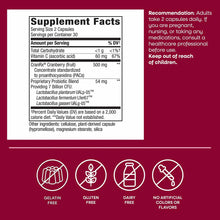 Supplement Facts label for Urinary Tract Health Probiotic with CranRx on burgundy background with allergen icons below.