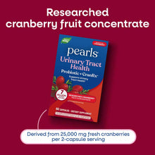 Pearls Urinary Tract Health Probiotic + CranRx supplement bottle with 60 capsules on burgundy background.