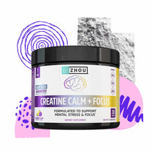 Zhou Nutrition Creatine Calm + Focus supplement powder in black container with purple and yellow label, 30 servings.