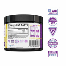 Black container of Zhou Nutrition Creatine Calm + Focus powder with yellow and purple label showing supplement facts and cert