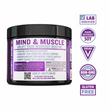 Black jar labeled "Mind & Muscle" with purple text containing creatine supplement powder, surrounded by certification badges.
