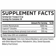 Supplement Facts label showing serving size of 1 scoop with 5000 mg creatine monohydrate, Cognizin Citicoline, and Korean Gin