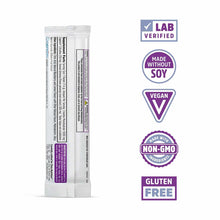 White stick pack with purple text and certification badges including Lab Verified, Vegan, Non-GMO, and Gluten Free labels.
