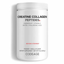 White container of Codeage Creatine Collagen Peptides powder in vanilla flavor, 15 oz.