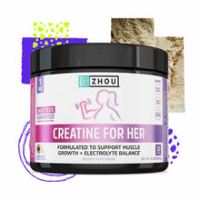 Zhou Nutrition Creatine For Her powder in black container with pink and white label, 30 servings.