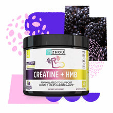 Zhou Nutrition Creatine + HMB powder in black container with yellow and purple label, 30 servings, blackberry flavor.