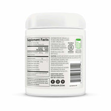 White plastic jar of Orgain Creatine Lean Muscle supplement with white lid and label showing supplement facts and ingredients