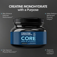 Black container with blue label displaying "Creatine Monohydrate Core Med Science" unflavored dietary supplement powder.
