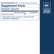Supplement Facts label for Creatine Monohydrate showing 5g per serving and NSF Certified Sport badge.