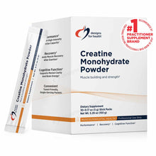 White box of Creatine Monohydrate Powder stick packs by Designs For Health with individual packets displayed to the left.