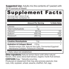 Supplement Facts label showing creatine monohydrate, electrolytes, and collagen blend with 14 servings per container and sugg