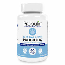 White bottle of Probulin Critical Care Gut Balance probiotic supplement with blue label, 30 capsules, 60 billion CFU.