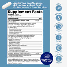 White capsule and supplement facts label for Critical Care Gut Balance probiotic with vegan, non-GMO, and USA-made certificat