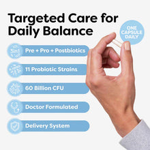 Hand holding a single probiotic capsule with product features listed including pre and probiotics, 11 strains, and 60 billion