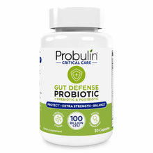 White bottle of Probulin Critical Care Gut Defense probiotic supplement with green label, containing 30 capsules.