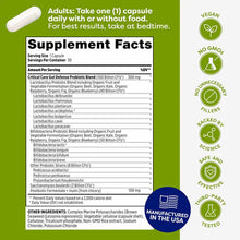 White probiotic capsule shown above supplement facts label listing Critical Care Gut Defense ingredients, with vegan, non-GMO