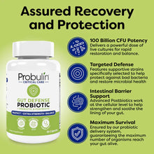 White bottle of Probulin Critical Care Gut Defense probiotic capsules with green label on yellow-green background.