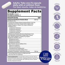 White capsule with Supplement Facts label listing probiotic strains, dosage instructions, and vegan, non-GMO, science-backed