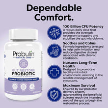 Probulin Critical Care Gut Restore probiotic supplement bottle with white cap on lavender background with product benefits te