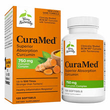 CuraMed 750 mg curcumin supplement by Terry Naturally in orange box and white bottle with 120 softgels.