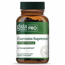 Gaia Herbs Pro Curcuma Supreme NF-kB Formula bottle containing 60 liquid phyto-caps herbal supplement with green label.