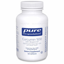 White bottle of Pure Encapsulations Curcumin 500 with Bioperine dietary supplement containing 120 capsules.