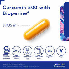 Yellow capsule supplement labeled Curcumin 500 with Bioperine, 0.905 inches, with certification badges for gluten-free, GMO-f