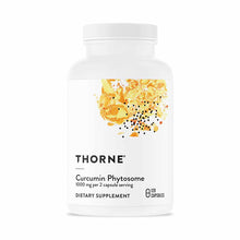White bottle with white cap labeled "Thorne Curcumin Phytosome" containing 120 capsules, with yellow and gold abstract graphi