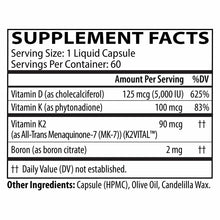 Supplement Facts label for D3 5000 + K1/K2 showing serving size of 1 liquid capsule with 60 servings per container.