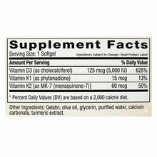 Supplement Facts label showing Vitamin D3 5,000 IU, Vitamin K1, and Vitamin K2 per softgel serving.
