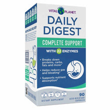 Vital Planet Daily Digest Complete Support supplement bottle with 90 acid-resistant capsules containing 22 enzymes.