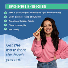 Woman in pink shirt holding a sandwich with text about digestion tips on blue background.