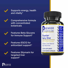 Premier Daily One supplement bottle with black cap and yellow-gold label on dark blue background with feature list.